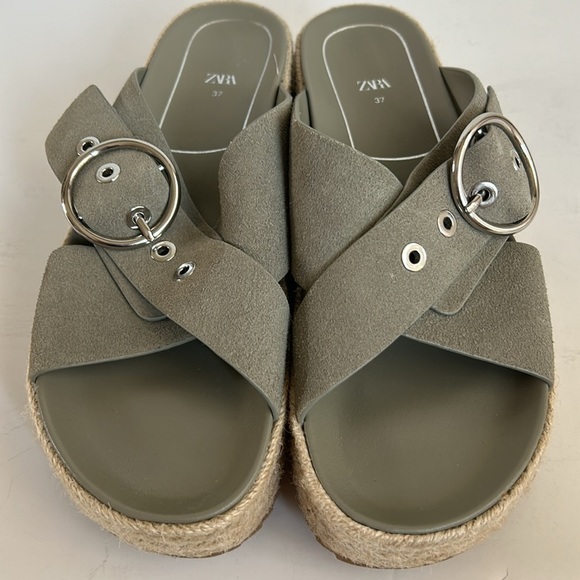 Zara espadrille platform sandal slide silver buckle sage gray green suede - Picture 13 of 16